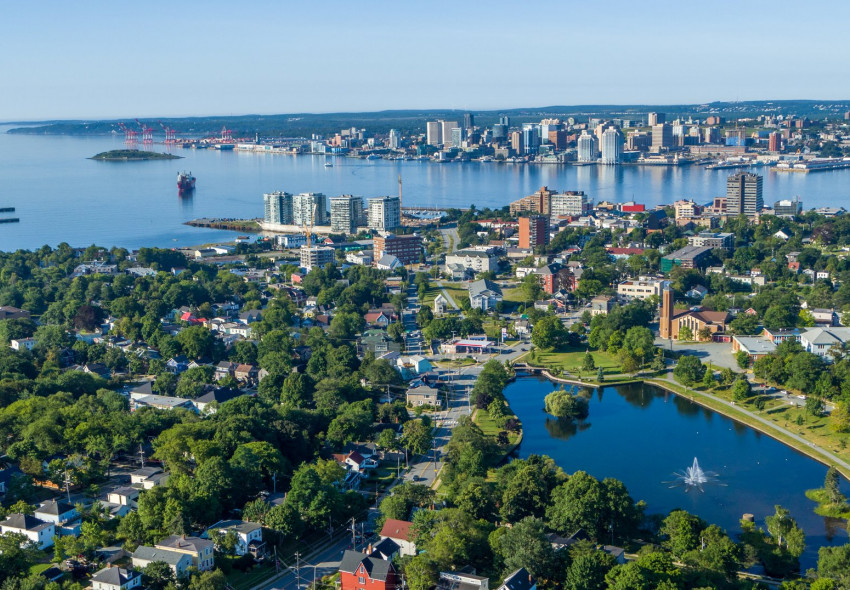 Aerial of Halifax Harbour, downtown Halifax and Dartmouth