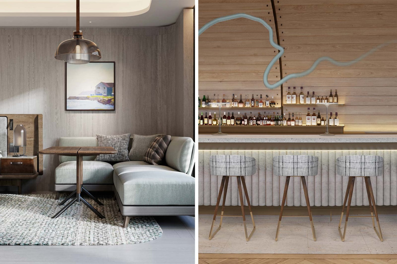 A composite of two photos of the Muir hotel interior