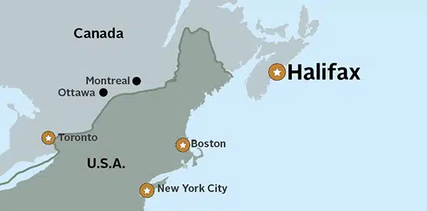 Map of the East Coast of Canada and the US